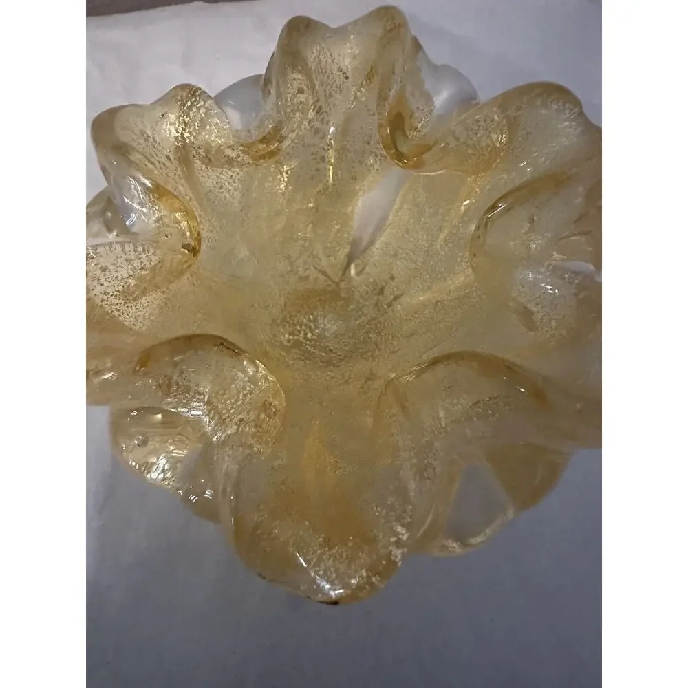 Vintage Murano Glass Aventurine Gold Flecks Ruffled Bowl Ashtray Candy Dish MCM
